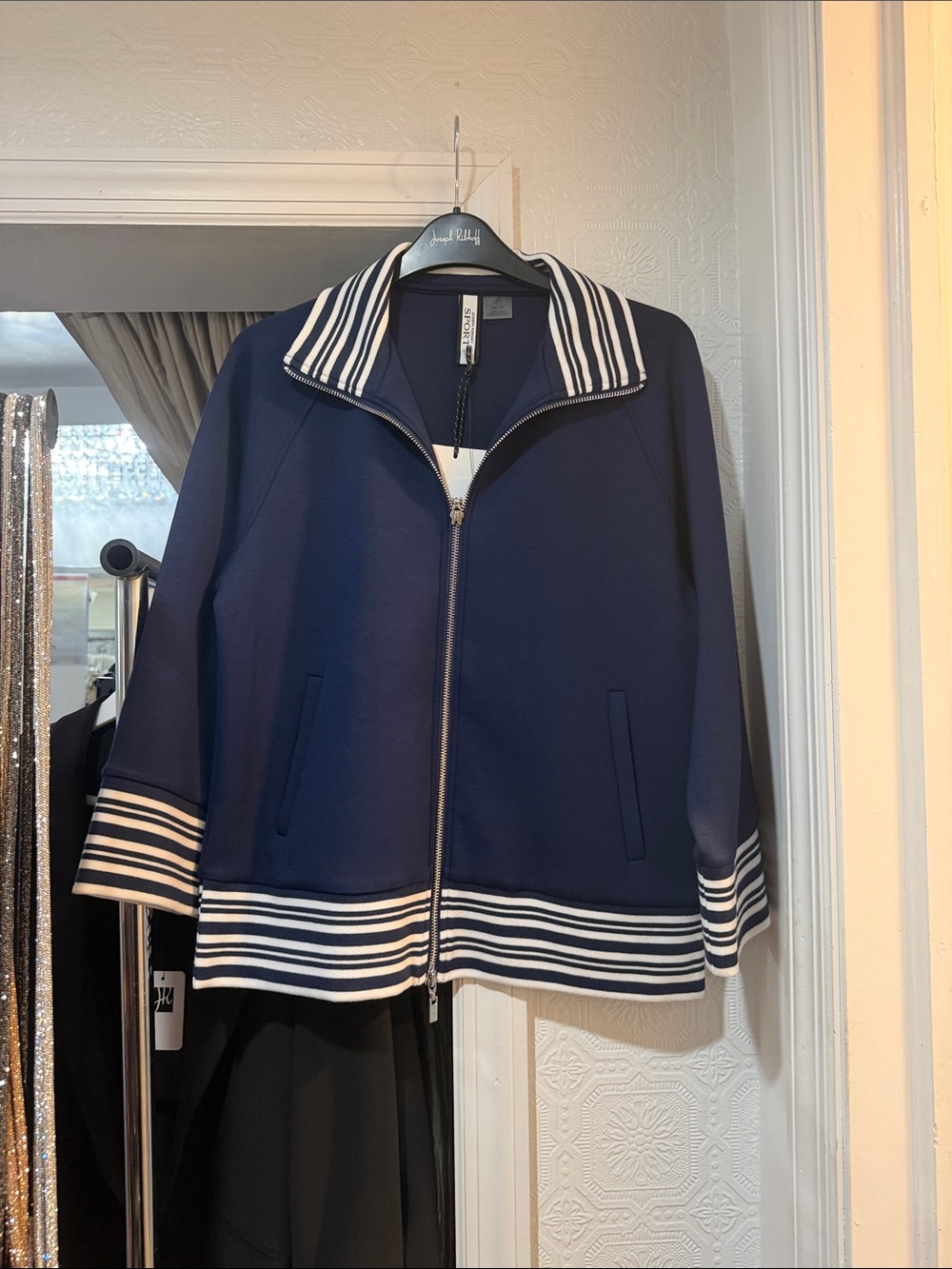 Joseph Ribkoff Navy Zip-Up Jacket with Striped Trim and pockets